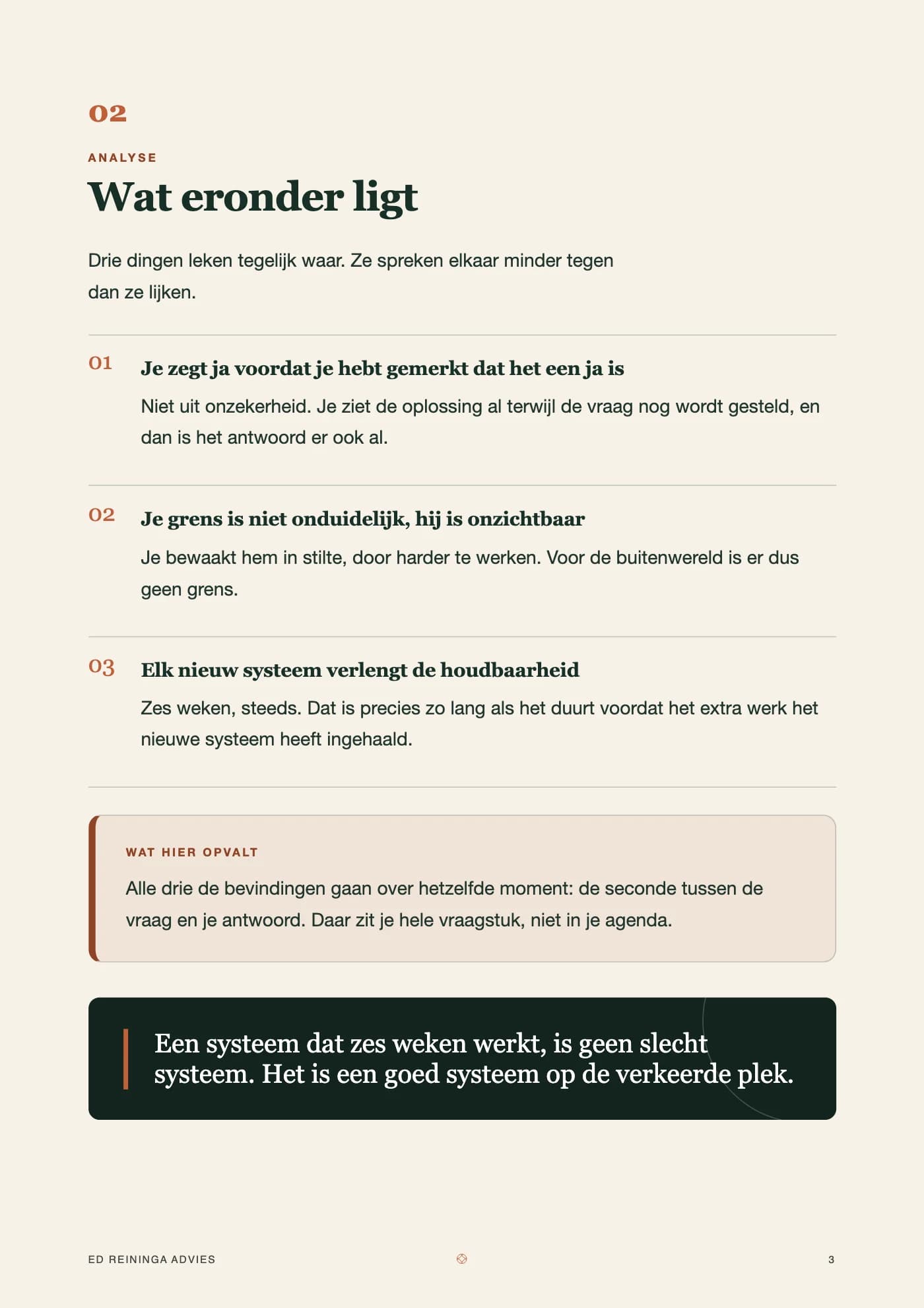 Rapportpagina met drie genummerde bevindingen en een kader dat ze tot één moment terugbrengt.