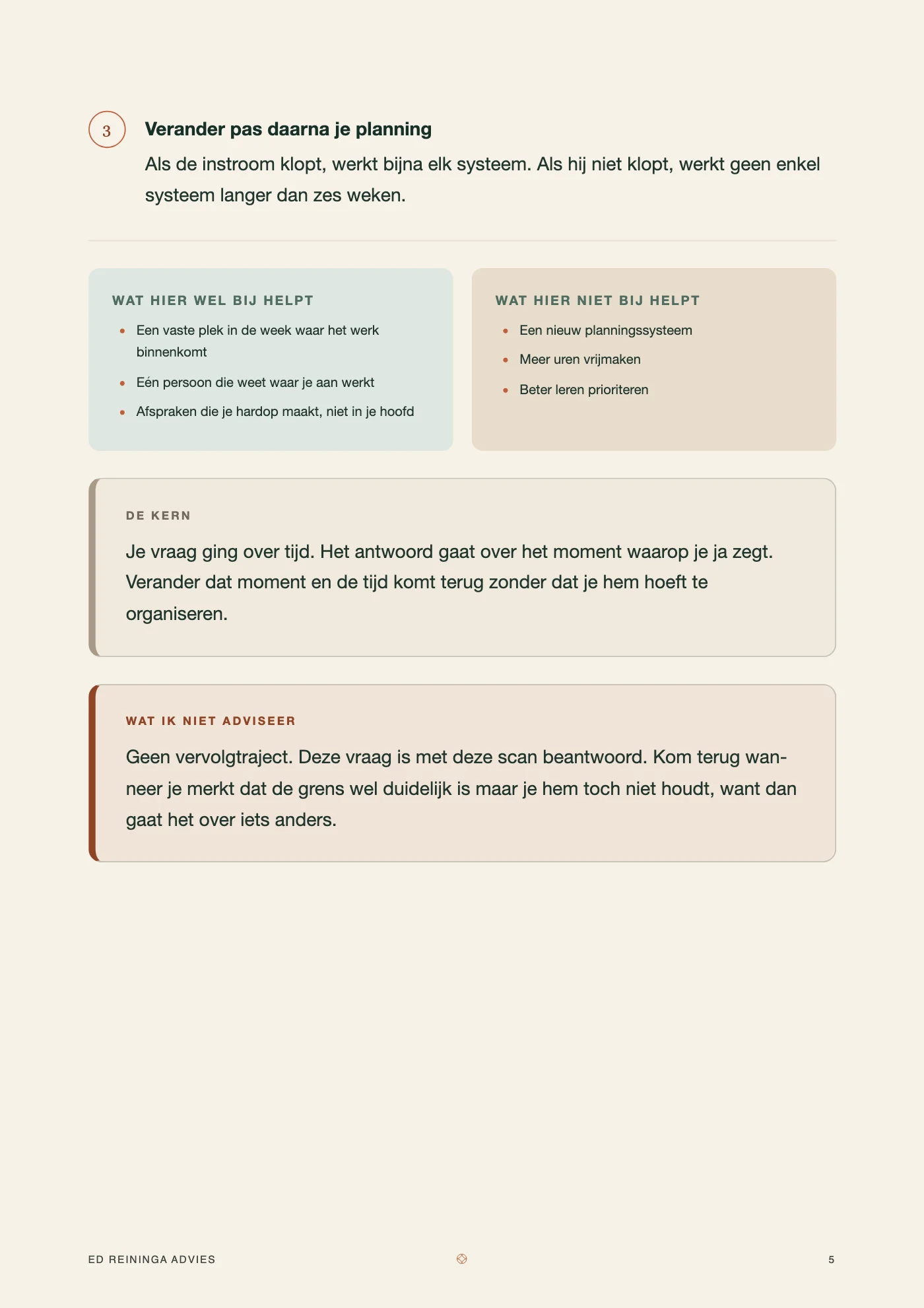 Rapportpagina met twee kolommen wat wel en niet helpt, en een kader met wat niet geadviseerd wordt.
