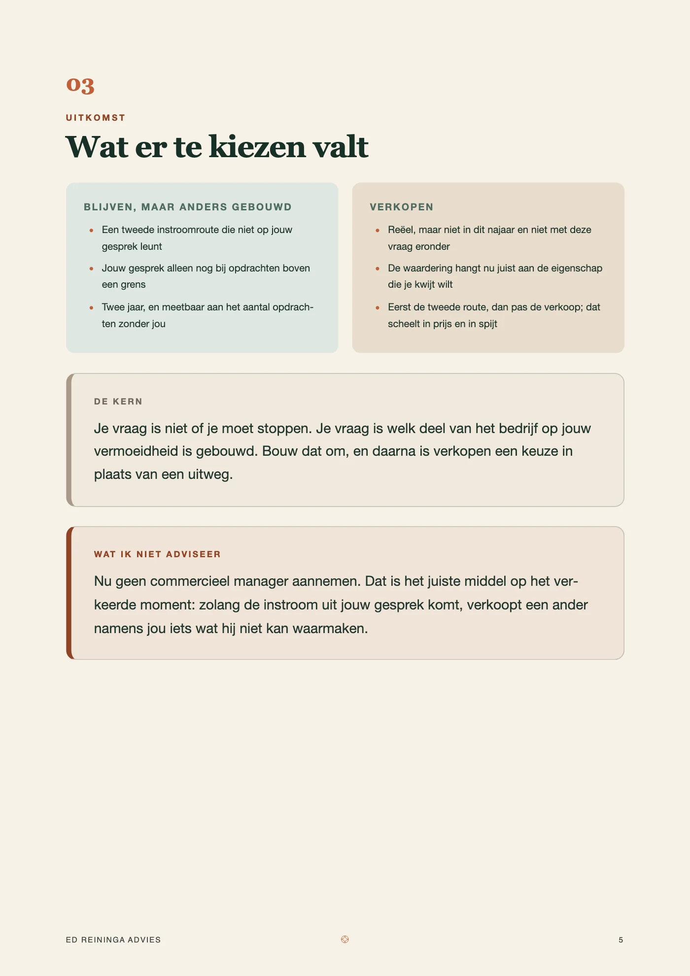 Rapportpagina met twee kolommen blijven en verkopen, en een kader met wat niet geadviseerd wordt.
