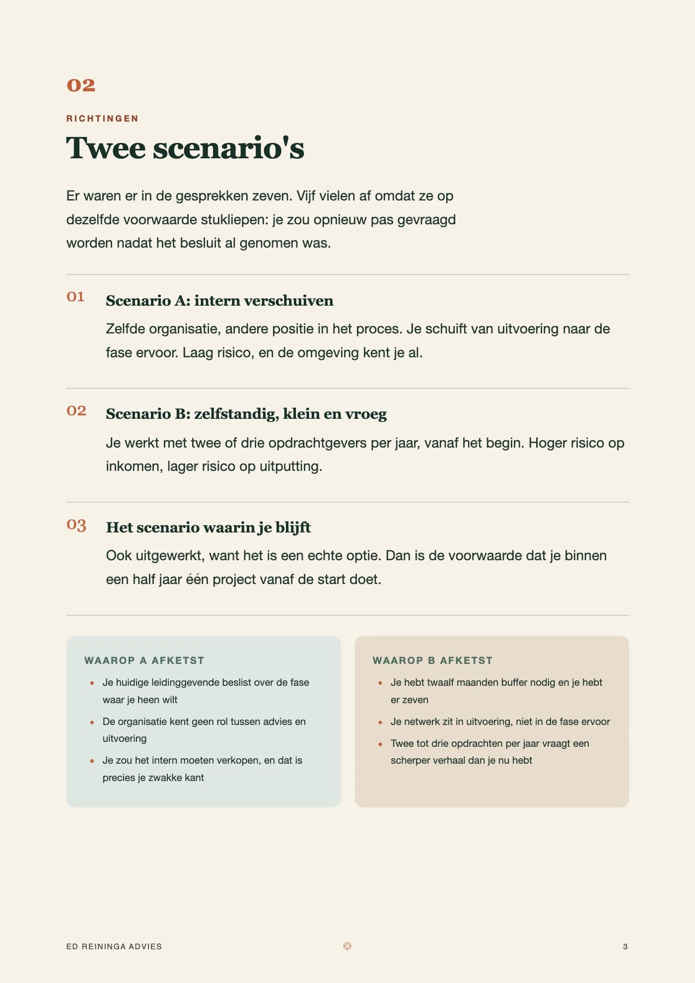 Rapportpagina met twee uitgewerkte scenario’s en twee kolommen met wat elk scenario laat afketsen.