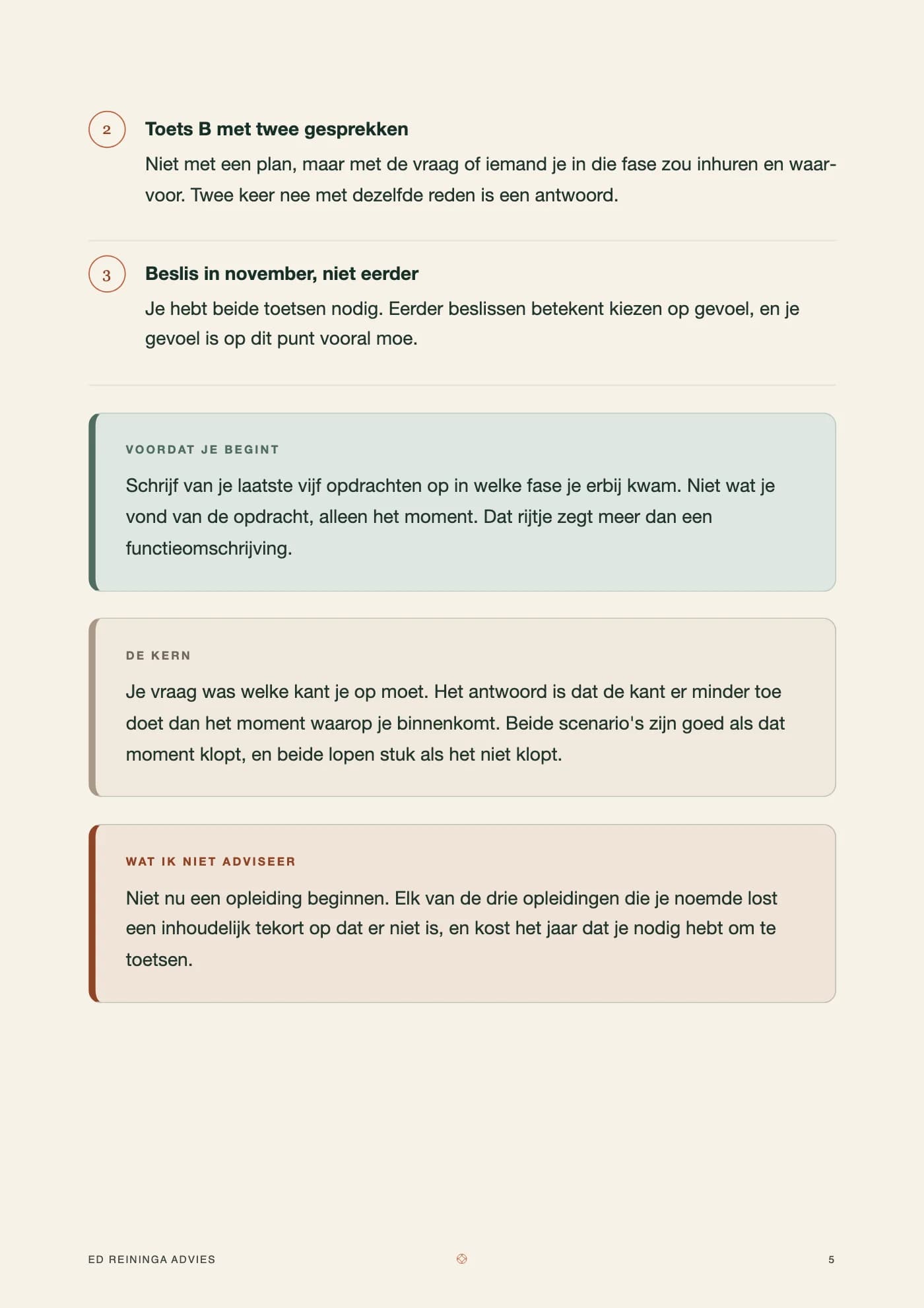 Rapportpagina met genummerde toetsen per scenario en een kader met wat niet geadviseerd wordt.