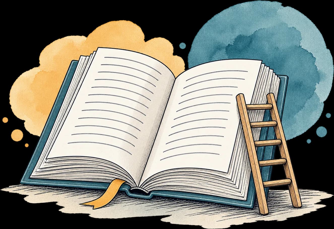 Een opengeslagen boek met een ladder ertegenaan.