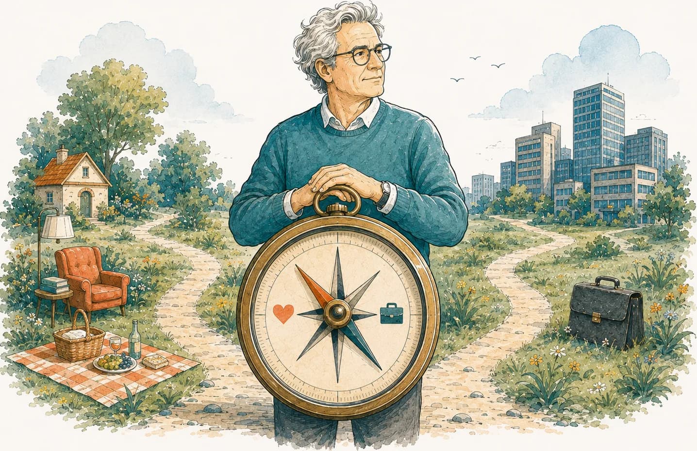Iemand houdt een groot kompas vast tussen een woonwereld links en een bedrijfswereld rechts.